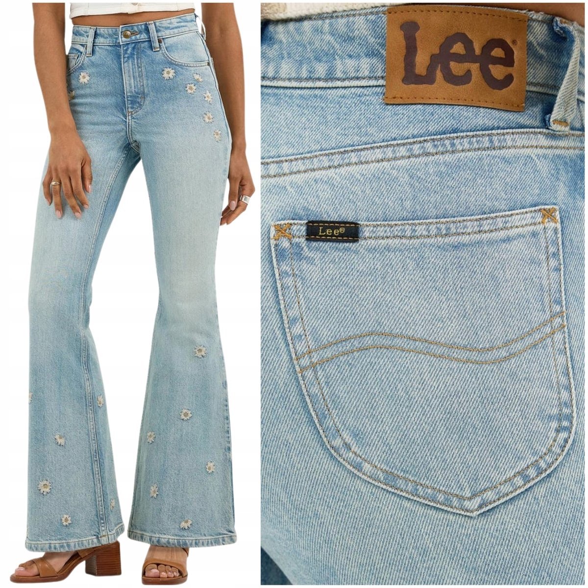 Lee HIGH RISE FLARE wysokie damskie spodnie jeansowe dzwony haft W28 L33