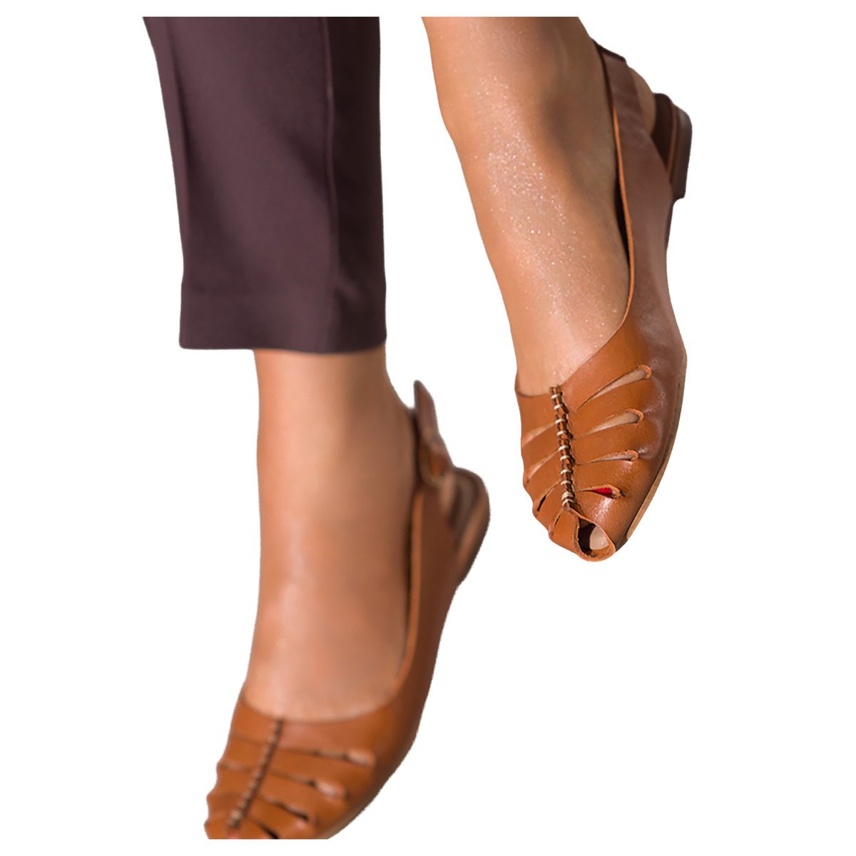 Brązowe baleriny skórzane damskie ażurowe peep toe z odkrytą piętą PRODUKT POLSKI Casu 89830-36