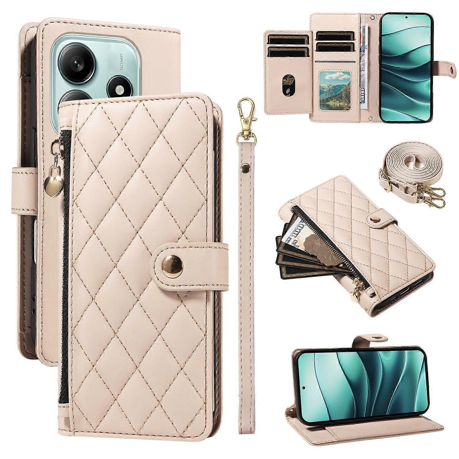 Dla Xiaomi Poco M7 Pro 5G Xiaomi Redmi Note 14 5G Etui-portfel z paskami, rombowy skórzany stojak Pho Beżowy Beige