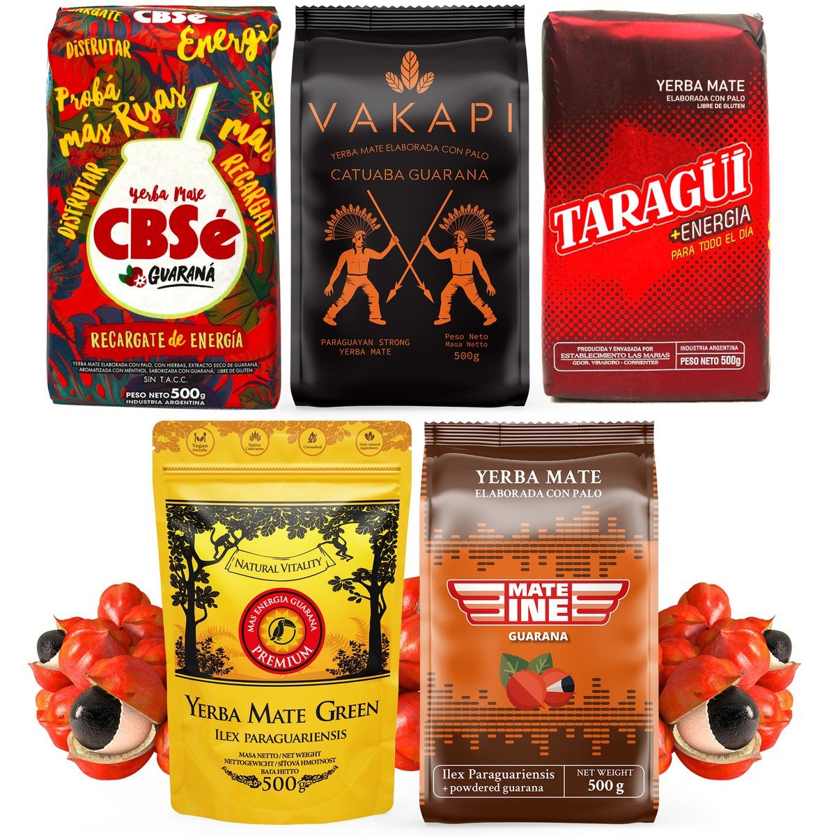 Zestaw Yerba Mate Green CBSe Taragui Guarana Energia różne rodzaje 5x 500g