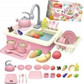 Zabawki AGD - Zlewozmywak Kuchnia 2W1 Kran Obieg Wody Zlew Do Mycia Naczyń Różowy Palnik - miniaturka - grafika 1