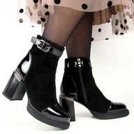 Botki damskie - S.Barski JC42-74 Botki damskie skórzane jesienno zimowe na słupku ocieplane - miniaturka - grafika 1