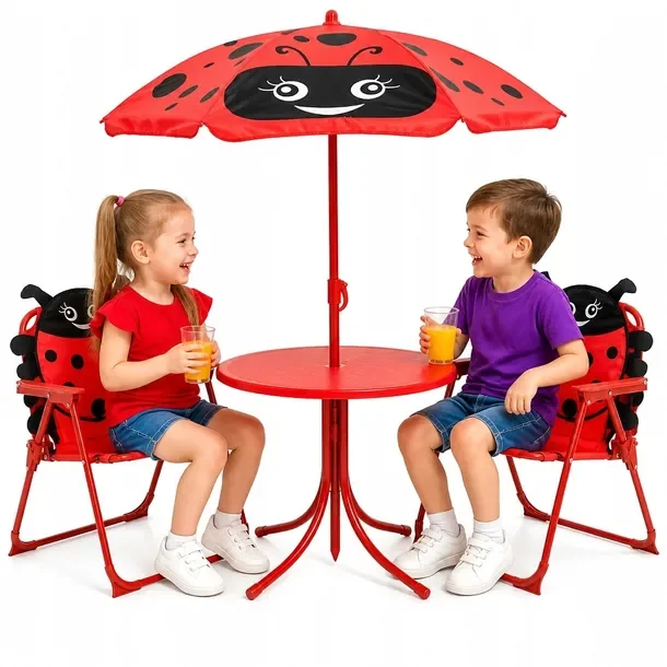 Zestaw Mebli Ogrodowych dla Dzieci: Stół, 2 Krzesła, Parasol, Czerwony, Sta