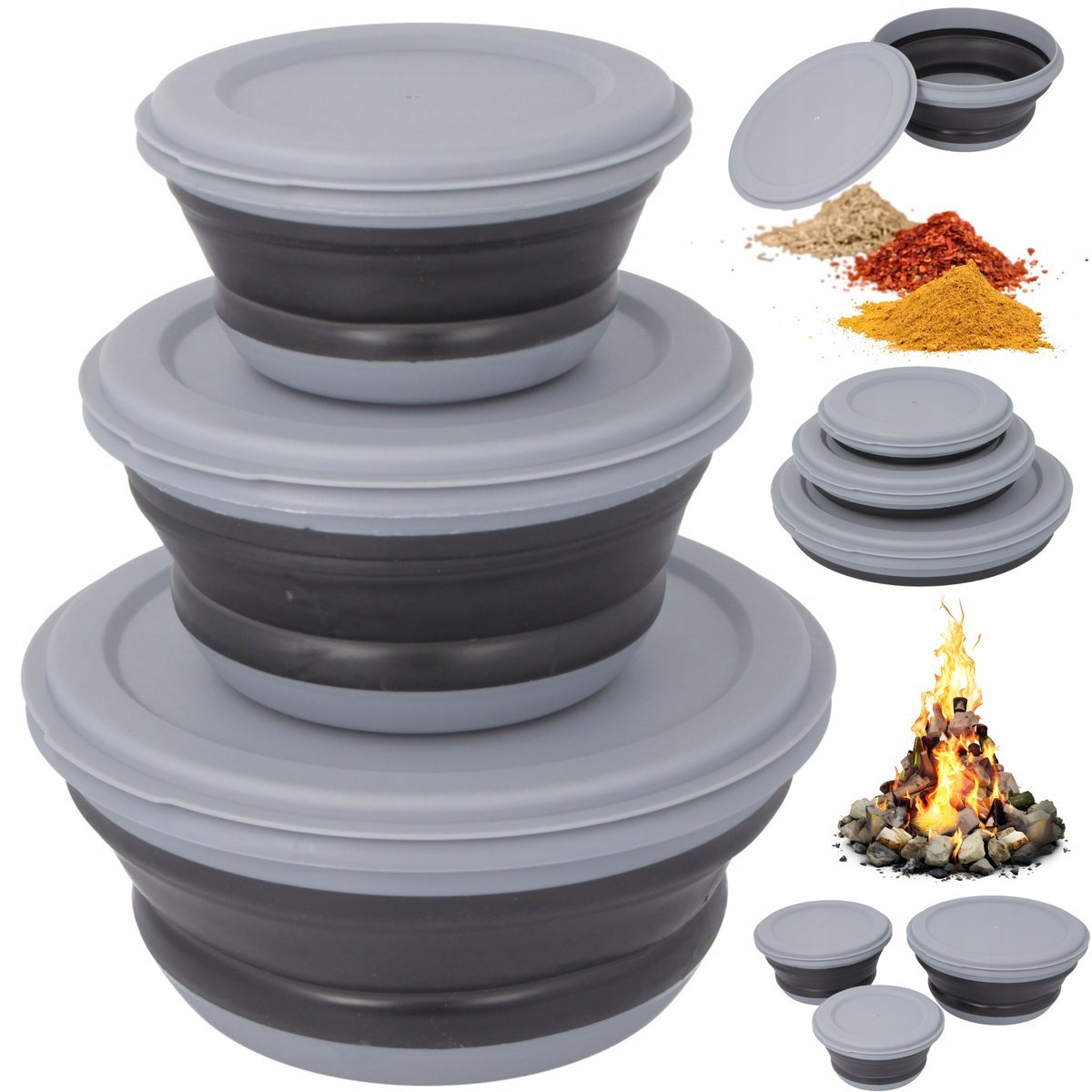 ZESTAW MISKI SKŁADANE SILIKONOWE POJEMNIKI TURYSTYCZNE Z POKRYWKAMI 3szt.