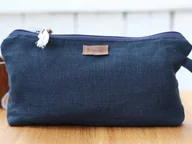 Kosmetyczki, organizery i kuferki - Lniana Kosmetyczka, Granatowy Organizer Podróżny, Kosmetyczka Zamykana Na Suwak, Kosmetyczka, Spersonalizowane Akcesoria - miniaturka - grafika 1
