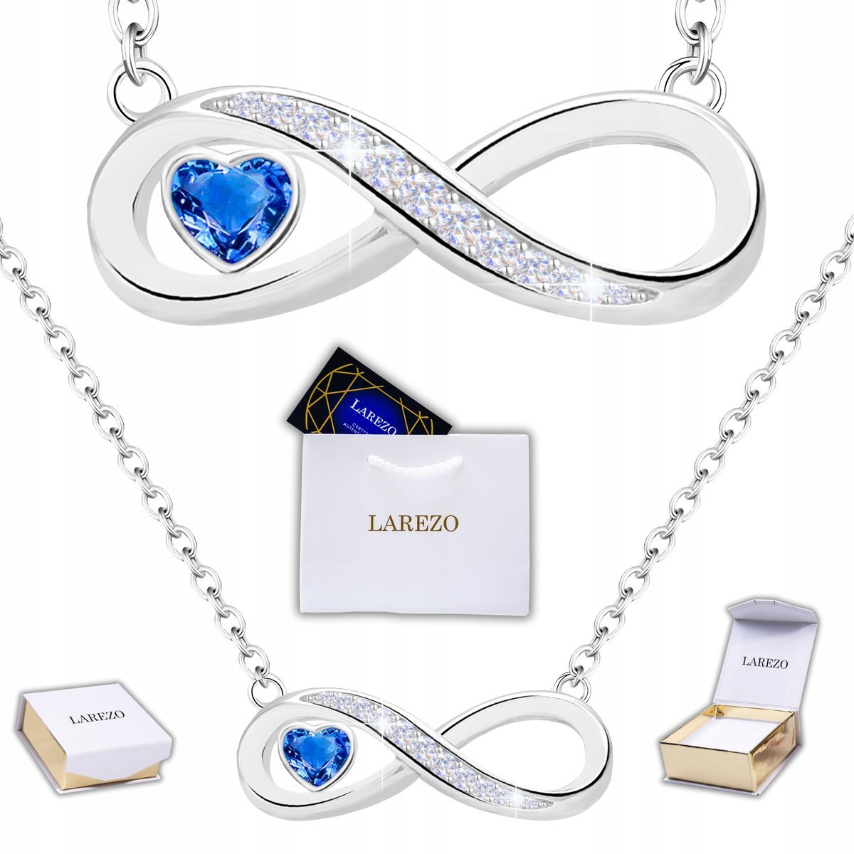 Srebrny Naszyjnik Serce Nieskończoność z Cyrkoniami Szafirowy Love SREBRO