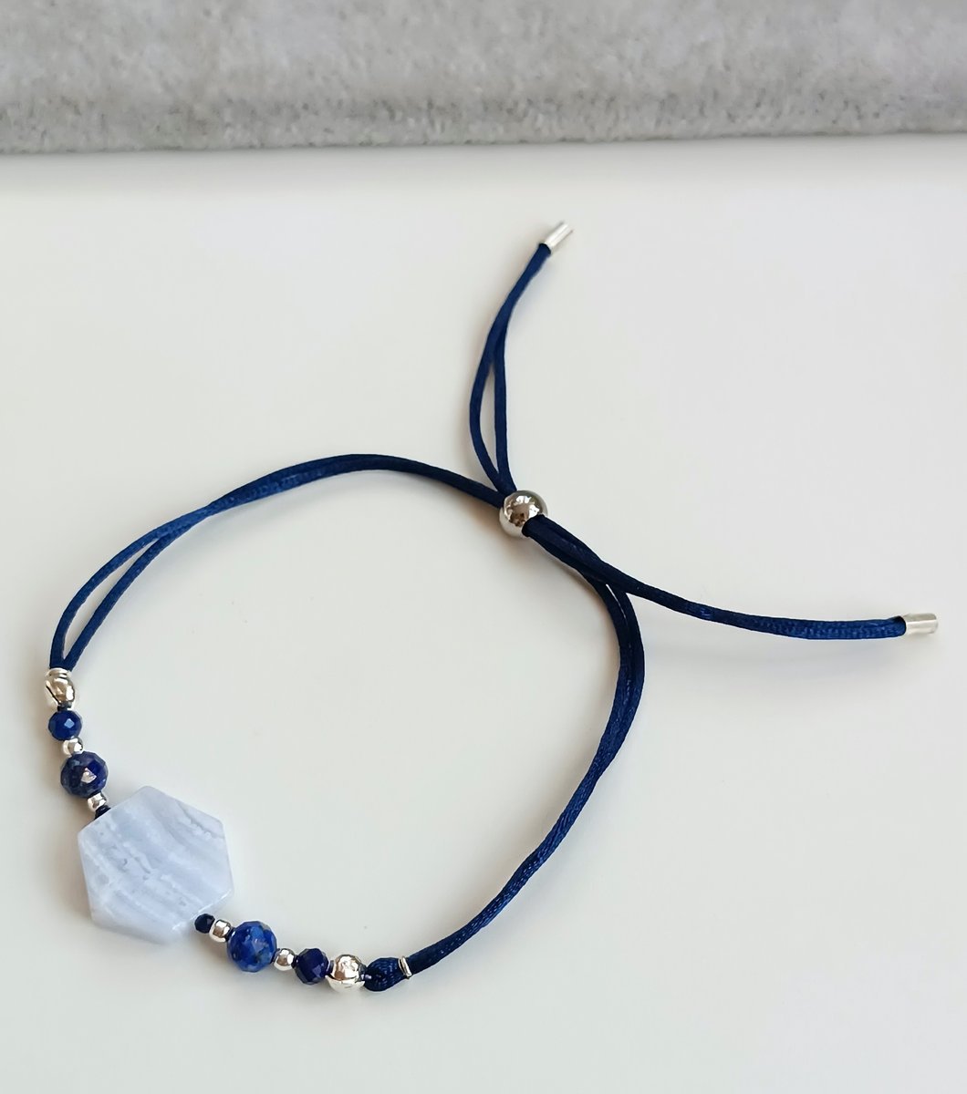 LUKSUSOWA GRANATOWA BRANSOLETKA REGULOWANA CHALCEDON LAPIS LAZULI STOPER