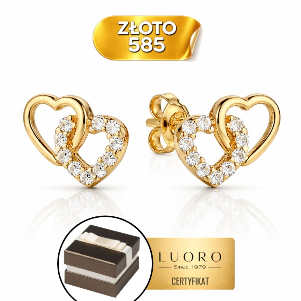 KOLCZYKI ZŁOTE 585 14K SPLOT SPLECIONE SERCA Z CYRKONIAMI SZTYFT 8X6 MM