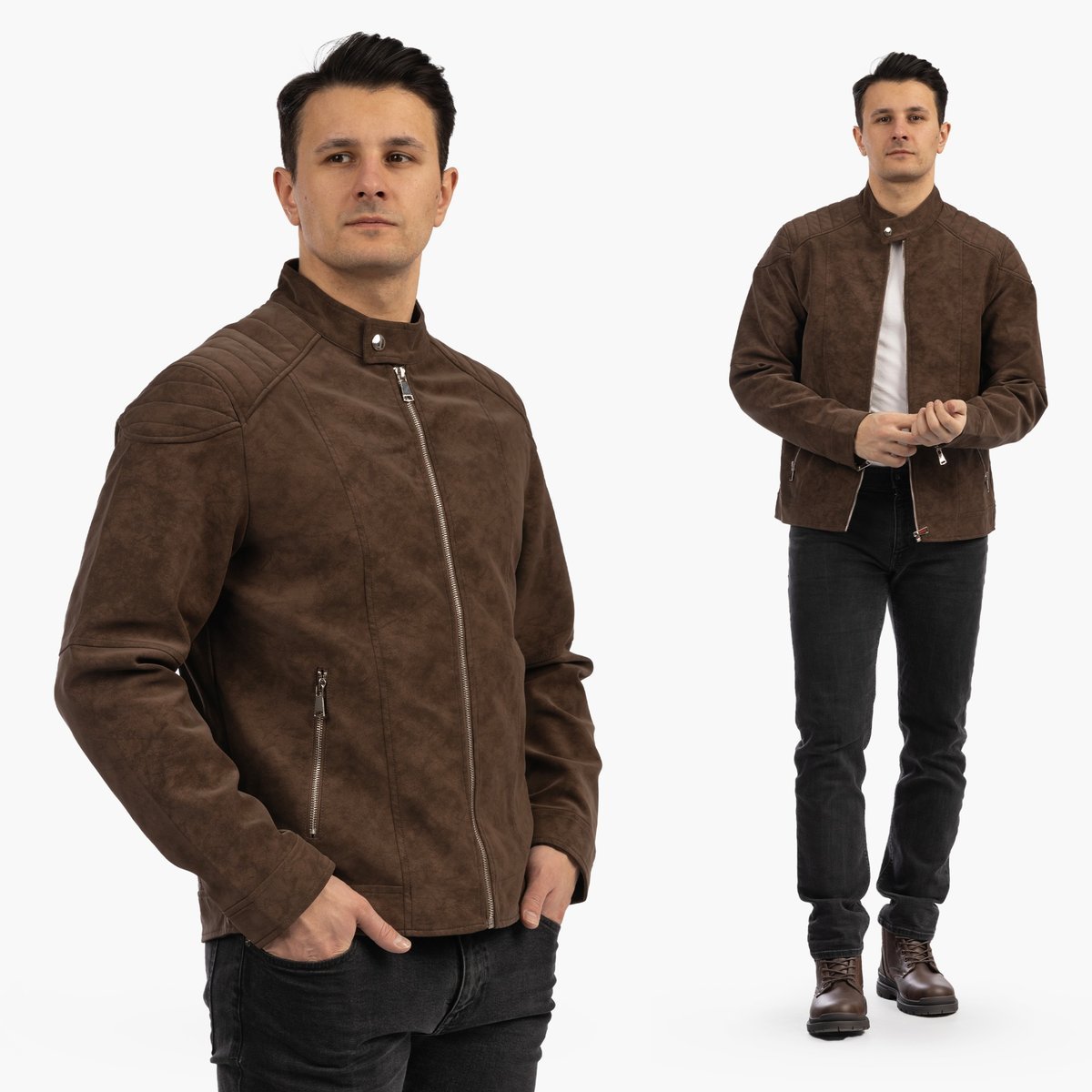 Kurtka Męska Ramoneska Ekoskóra Biker Elegancka ze stójką Brązowa XL