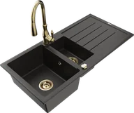Zlewozmywaki z baterią - Mexen Andres zlewozmywak granitowy 1,5-komorowy z ociekaczem i baterią kuchenną Savita, czarny/złoty metalik- 6515-75-672601-50 - miniaturka - grafika 1