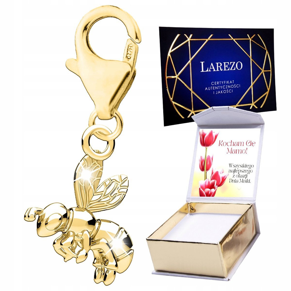 Piękna ZŁOTA ZAWIESZKA 925 Wisząca z Pszczółką Lśniąca Pszczoła Osa NADRUK