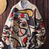 Swetry damskie - TEMU Damski Sweter z Nadrukiem Graffiti Oversize - Miękki i Wielokolorowy Abstrakcyjny Wzór Twarzy, Luźny Krój z Okrągłym Dekoltem, Długi Rękaw, - miniaturka - grafika 1