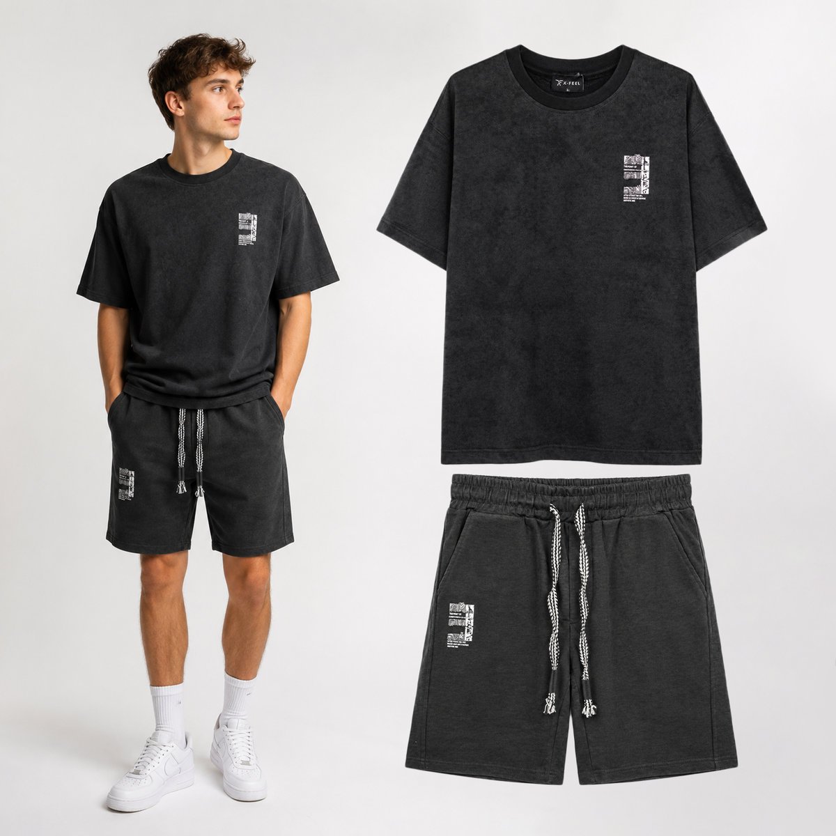 Komplet Męski T-Shirt Szorty Dresowe Casual Letni Zestaw Bawełniany Czarny S Czarny