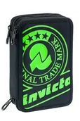Piórniki - Invicta Piórnik szkolny z 3 zamkami błyskawicznymi, solidny neonowy nadruk, czarno-zielony, potrójna przegródka, w komplecie z długopisami, ołówkami i markerami, akcesoria szkolne, akcesoria do - miniaturka - grafika 1