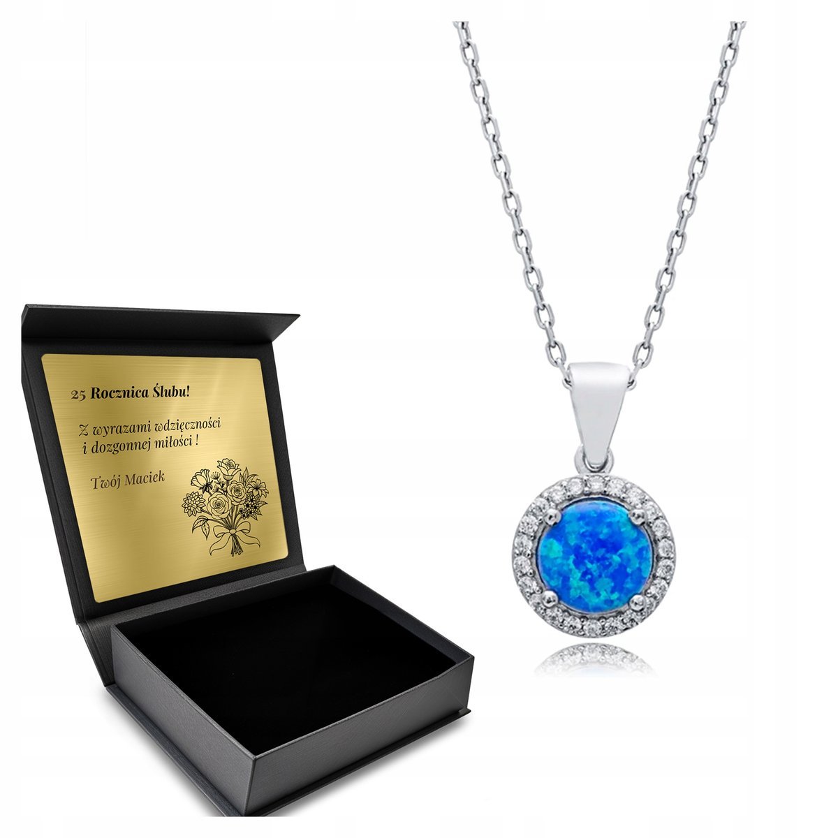 Naszyjnik Srebrny 925 Cyrkonie Opal Biżuteria Dla Kobiety + Grawer