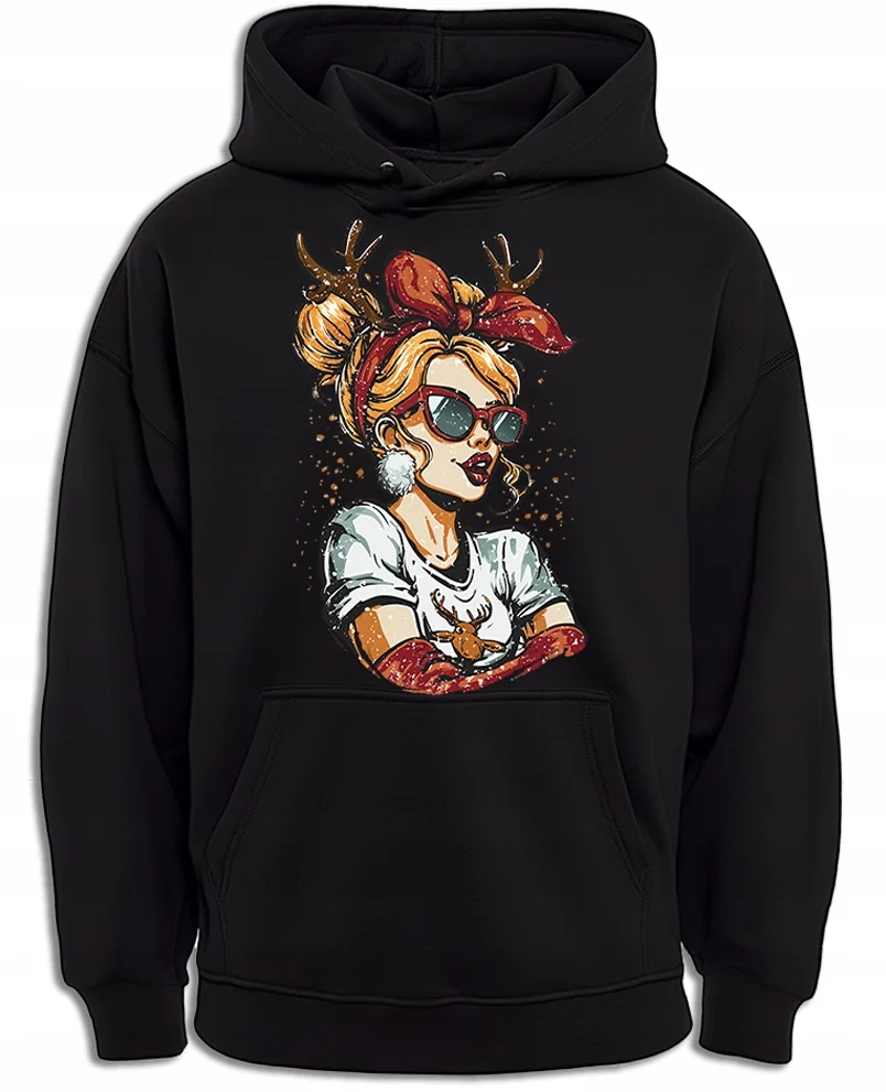 BLUZA Z KAPTUREM NA ŚWIĘTA ZABAWNY MOTYW KOBIETA Z ROGAMI RENIFERA
