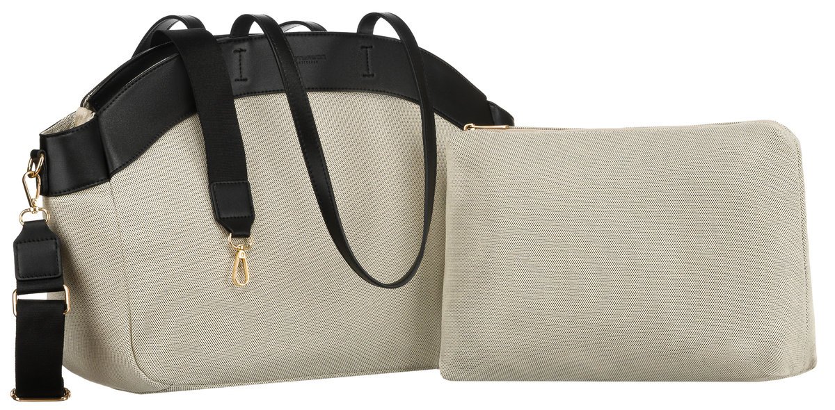 PETERSON Płócienna shopperka damska z włókna canvas i skóry ekologicznej beżowo - czarna torba na ramię pojemna mieści A4 organizer na drobiazgi i d..