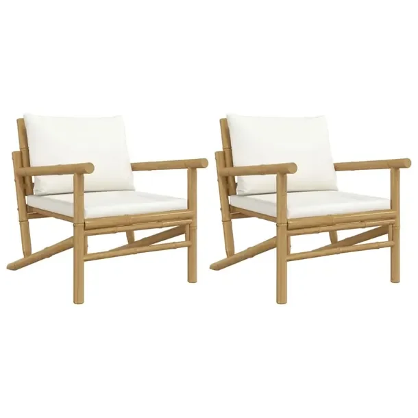 Zestaw 2 Bambusowych Fotelów Ogrodowych z Poduszkami Kremowymi 63x75x74 cm