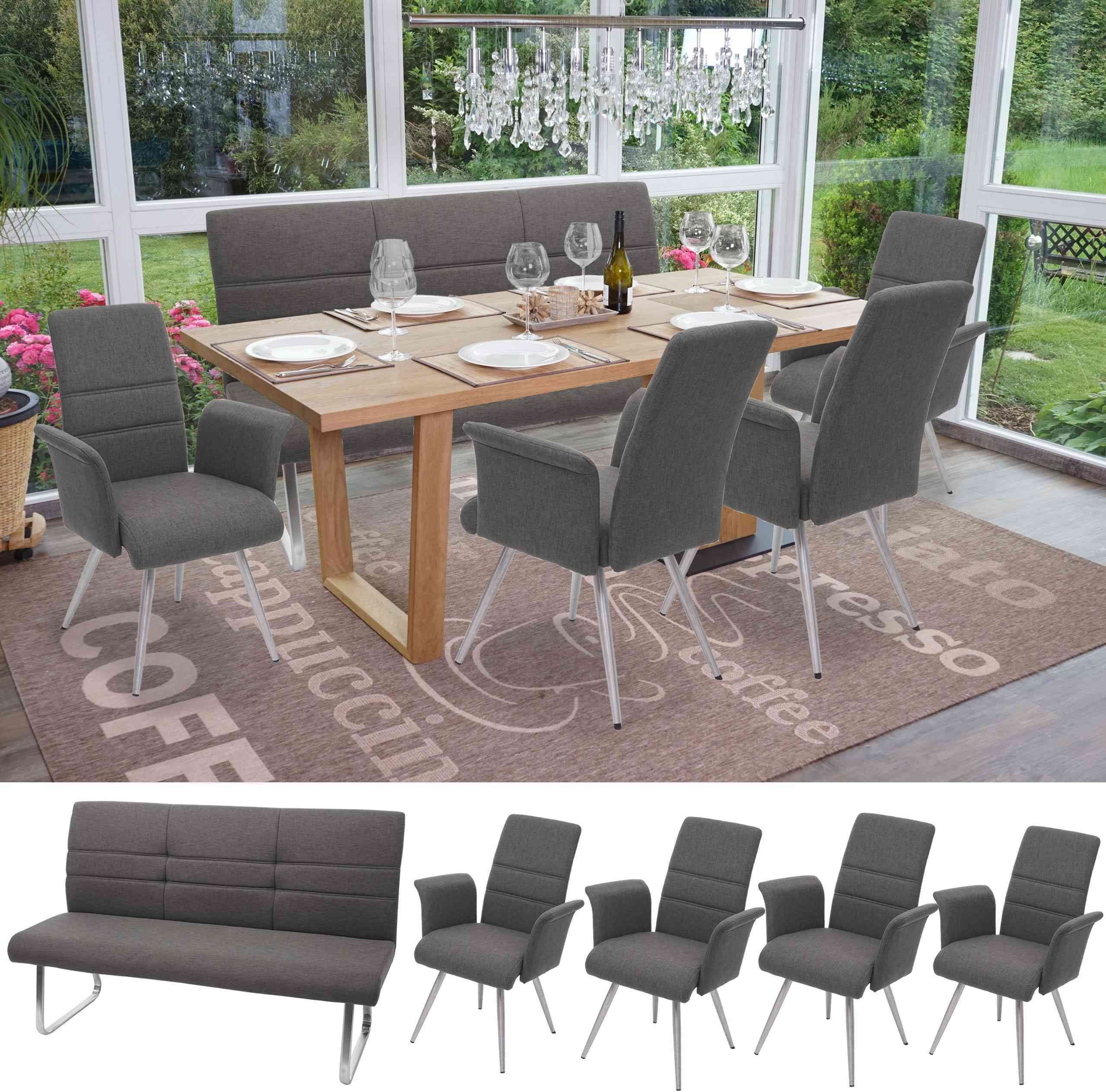 Zestaw 4x krzesło do jadalni + ławka HWC-G55, krzesło kuchenne ławka + podłokietnik, tkanina/tekstylia stal nierdzewna ~ szaro-brązowa ławka 180cm