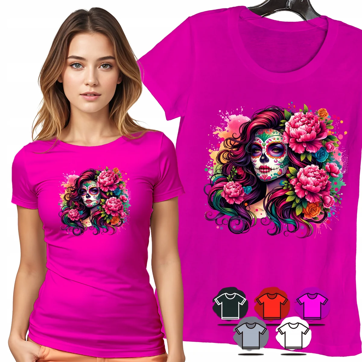 KOSZULKA DAMSKA T-SHIRT - SANTA MUERTE KWIATY RÓŻOWE PORTRET DAMSKI - L