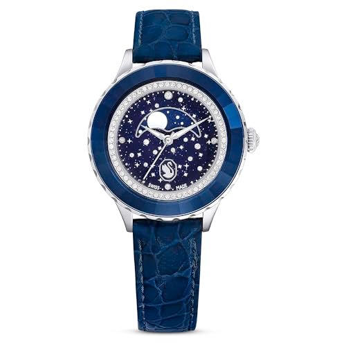 Swarovski Zegarek Octea Moon, Swiss Made, Księżyc, Skórzany pasek, Niebieski, Powłoka w odcieniu błękitu