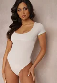 Body - Jasnobeżowe Gładkie Body z Krótkimi Rękawami Divinua - miniaturka - grafika 1