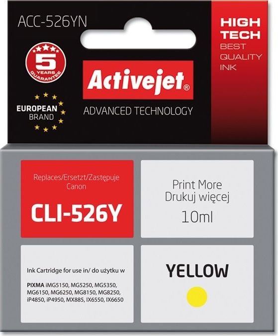 Tusz Activejet Activejet Tusz Activejet ACC-526YN zamiennik Canon CLI-526Y; Supreme; 10 ml; żółty