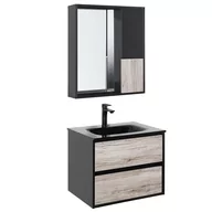 Meble łazienkowe - Zestaw mebli łazienkowych z umywalką 60 cm jasne drewno z czarnym TERUEL - miniaturka - grafika 1