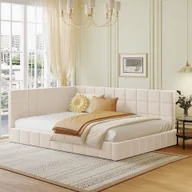 Sofy i kanapy - Flieks sofa rozkładana 140x200cm, łóżko tapicerowane ze stelażem listwowym, łóżko młodzieżowe łóżko dziecięce z podłokietnikami i oparciem, łóżko dwuosobowe łóżko dzienne, aksamit, beżowy - miniaturka - grafika 1