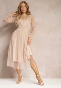 Sukienki - Beżowa Tiulowa Sukienka Rozkloszowana z Koronką Nirthe - miniaturka - grafika 1