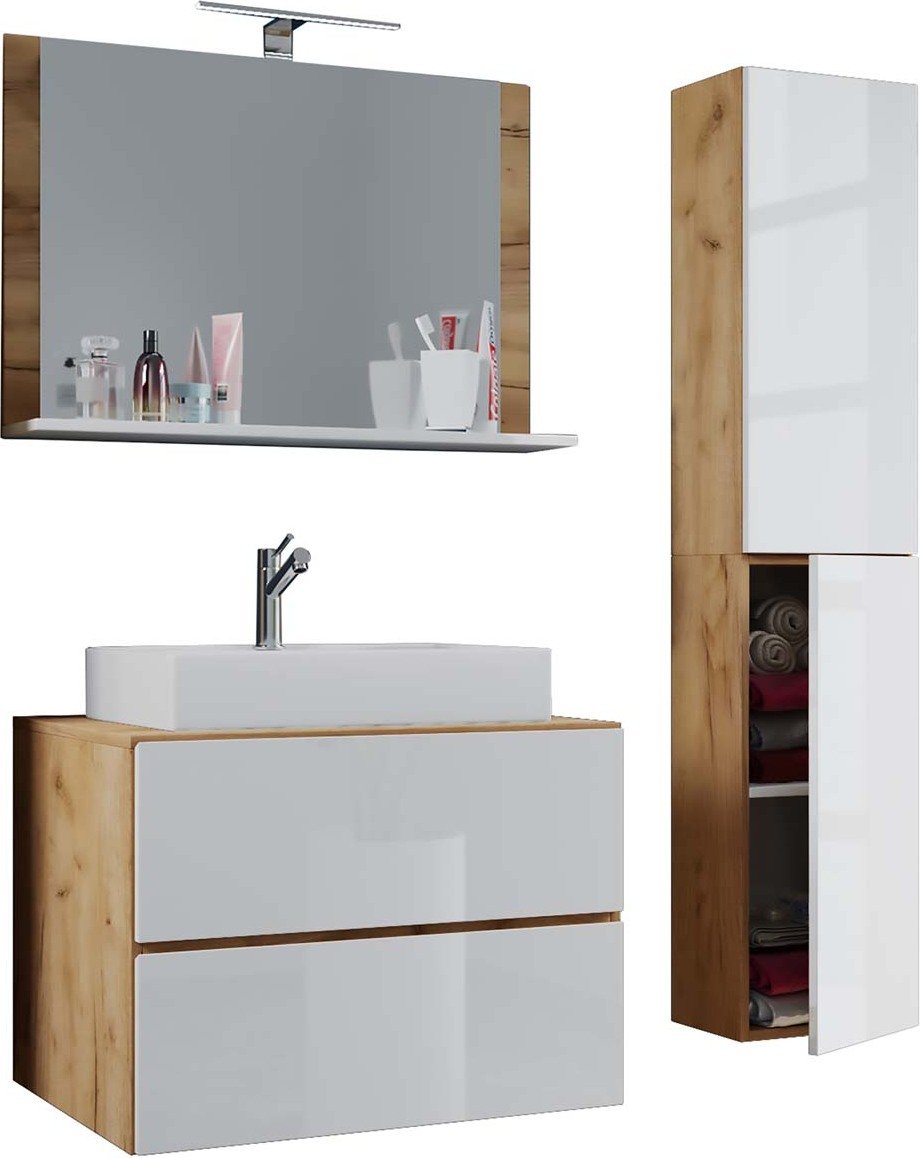 LendasL szafka łazienkowa 60 cm, lustro,Replika dąb miodowy,biały.