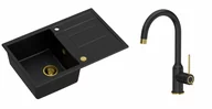 Zlewozmywaki z baterią - Quadron Zlewozmywak granitowy jednokomorowy 78*50*22 cm z ociekaczem MORGAN 111 PURE CARBON czarny ze złotym odpływem z baterią INGRID Q LINE PURE CARBON kolor czarny /wykończenie złote - miniaturka - grafika 1
