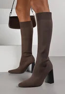 Kozaki damskie - Brązowe Skarpetkowe Kozaki VICES na Geometrycznym Słupku z Noskiem w Szpic Zevra - miniaturka - grafika 1