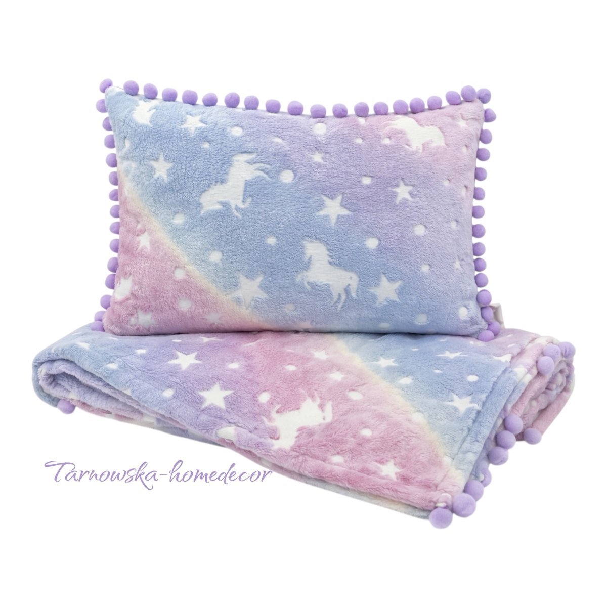 Komplet MINKY Koc 135x150 + Poduszka 33x50 jednorożce świecące w ciemności Minky Kids Line