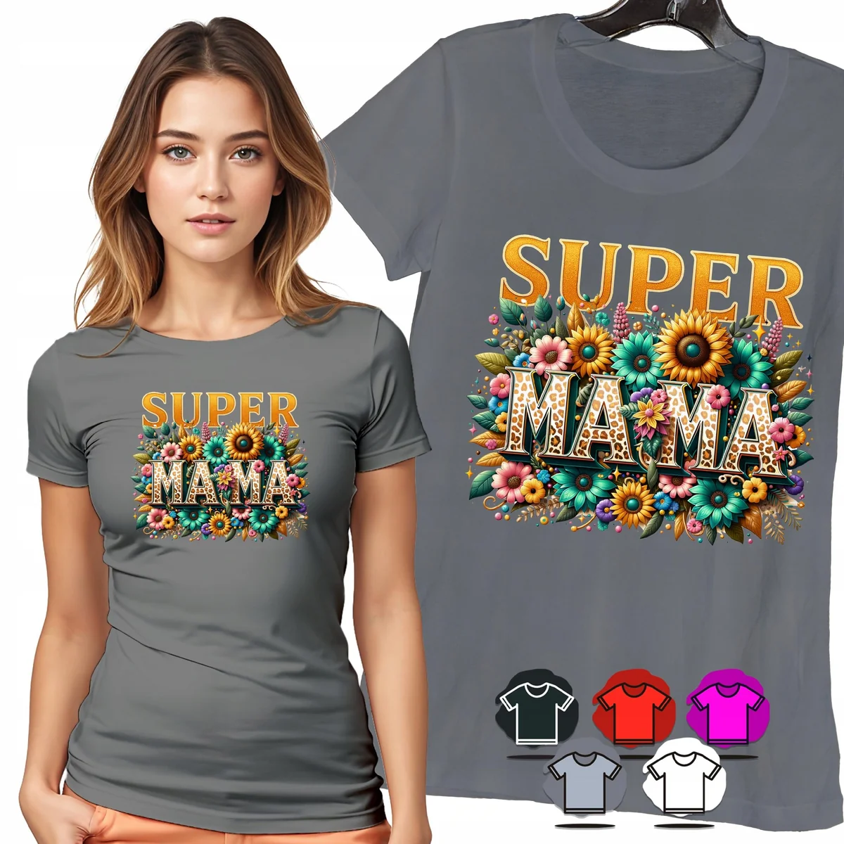 KOSZULKA DAMSKA T-SHIRT - SUPER MAMA SŁONECZNIKI ZŁOTE KWIATY WZÓR - XXL