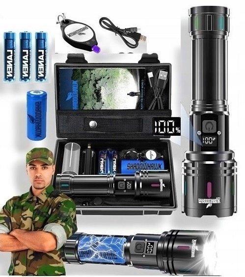 Bardzo Mocna Jasna Latarka Taktyczna Led 30000 Lm Zoom Powerbank LCD Uv