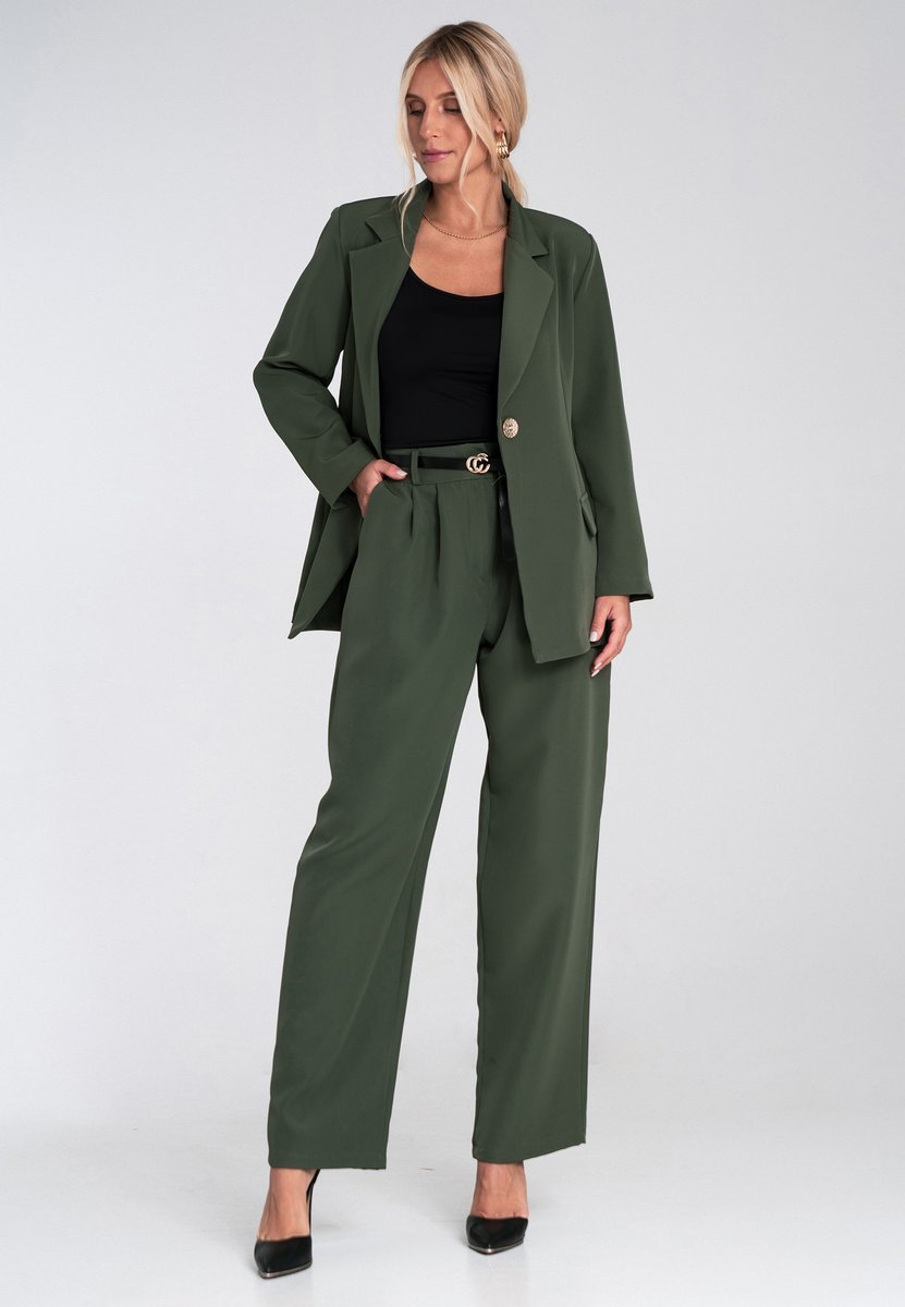 Elegancki luźny garnitur damski z marynarką i szerokimi spodniami Regular Fit - M1248, zielony, XL