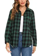 Bluzki damskie - Irevial Długa bluzka damska oversize, koszula bawełniana, guziki, koszulka z długim rękawem, luźna, na czas wolny, koszula koszulowa, Zielony + czarny-2, S - miniaturka - grafika 1