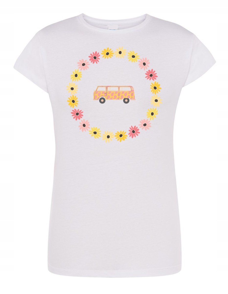 T-Shirt damski nadruk RETRO Van Bus Kwiatki r.L