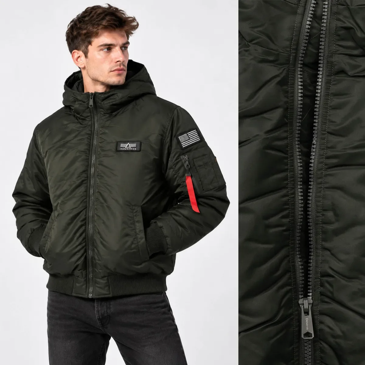 Kurtka Męska Bomberka Z Kapturem Ocieplana Nylonowa Casual Khaki XXL