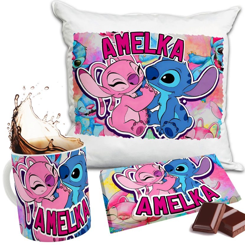 Zestaw LILO STITCH ANGEL Kubek + Poduszka + Czekolada + Imię Prezent Nadruk