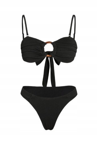 Strój Kąpielowy Bikini Dwuczęściowy Z Ozdobnym Kółkiem Kokarda Czarny S