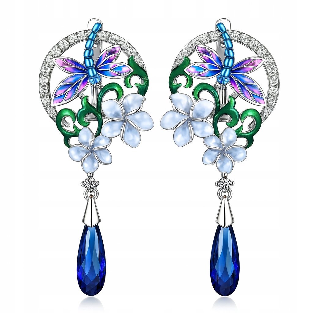 Kolczyki z mosiądzu damskie kwiaty ważki z cyrkoniami wiszące mosiądz