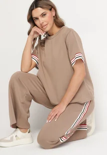 Beżowy Komplet z Wiskozą Szerokie Spodnie i Bluzka z Paskami Nilanaria - Komplety damskie - miniaturka - grafika 1