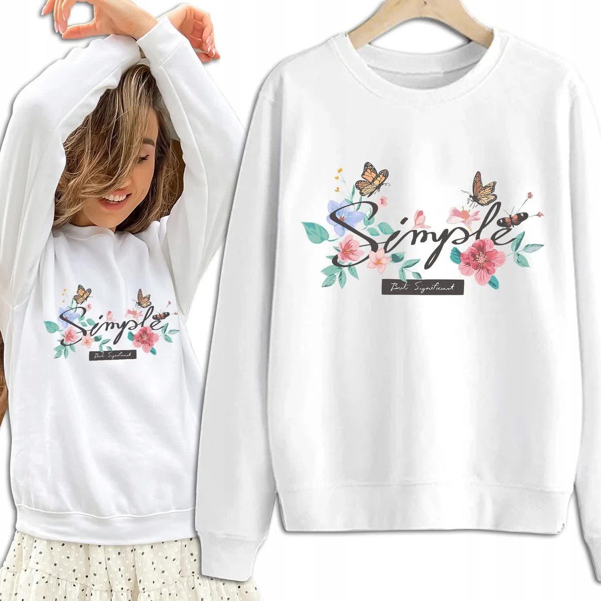 Bluza Damska Biała Dresowa SIMPLE Kobiece Dziewczęce Piękne Wzory Rozmiar S