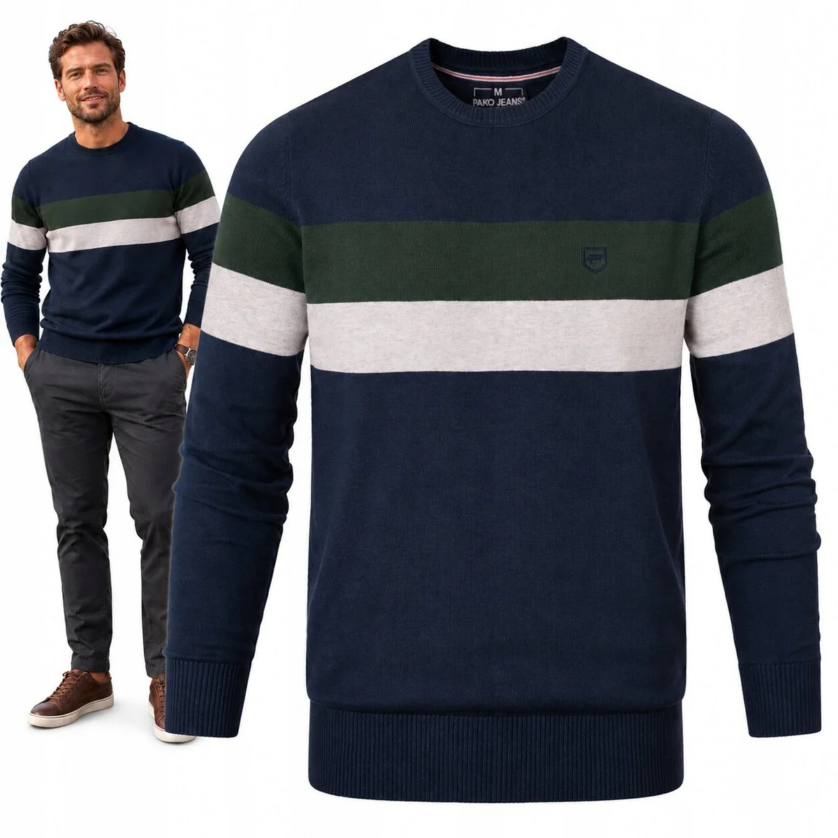Elegancki SWETER Męski GRANATOWY z PASAMI Bawełniany Pako Jeans Elegancki SWETER Męski GRANATOWY z PASAMI Bawełniany XL Pako Jeans
