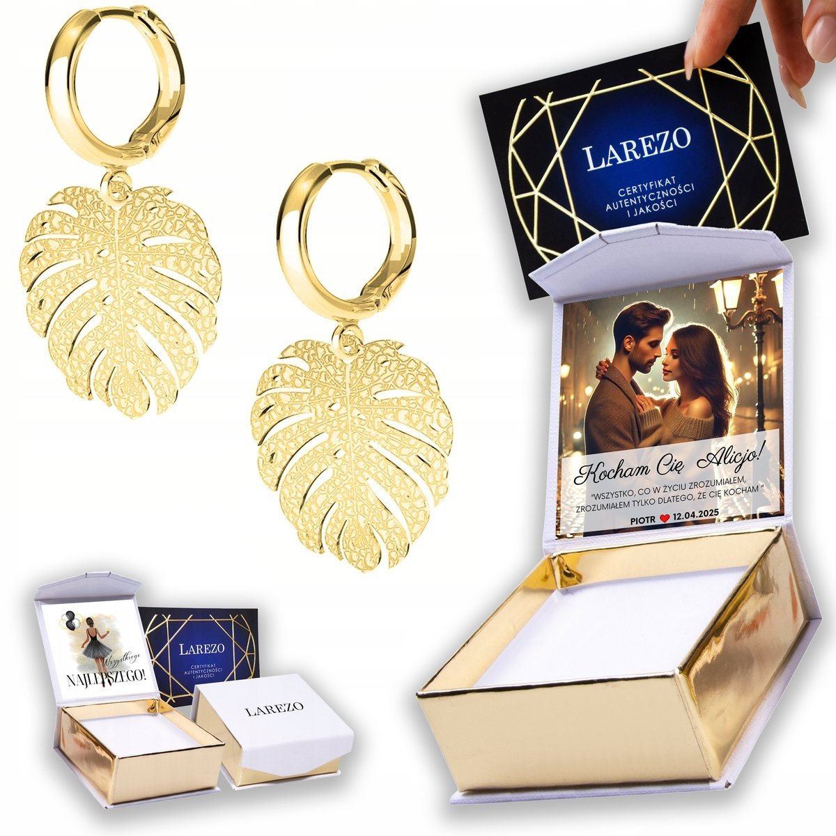 Złote Kolczyki 925 Liść Listek Natura Blaszka z Liściem Roślina NADRUK