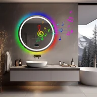 Lustra - Lustro łazienkowe WISFOR LED okrągłe z głośnikiem Bluetooth, 80 cm lustro ścienne RGB lustro łazienkowe z oświetleniem ściemnianym bezmgielnym przełącznikiem dotykowym - miniaturka - grafika 1