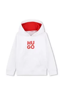 Bluzy dla chłopców - HUGO bluza dziecięca kolor biały z kapturem z nadrukiem - Hugo - grafika 1