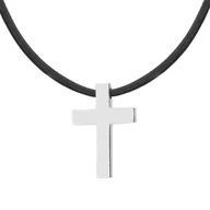 Naszyjniki męskie - Elegancki naszyjnik z krzyżykiem  srebrny krzyż ze stali szlachetnej na czarnym rzemieniu - Manoki - miniaturka - grafika 1
